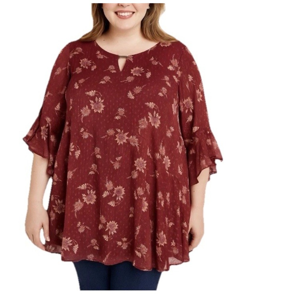 Catherines Red Floral Chiffon Boho Ruffle Bell Sleeve Flowy‎ Top Size 4X